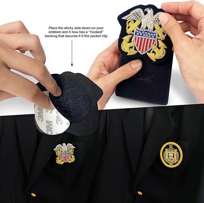 WICKED Pocket Clip for Embroidered Patch Badge, Alumni Insignia, Metal Thread Bullion Emblem Full-Grain Leather, and 2’’ Attached “Loop” Backing with Multi-Use Peel & Stick Adhesive Hook (1)