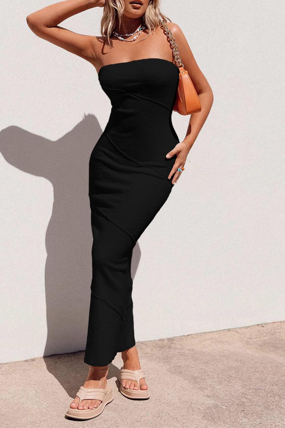 PRETTYGARDEN Women's Ribbed Maxi Bodycon Dress Summer Strapless Tube Y2K Party Club Long Dresses.