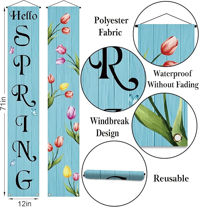 Tulips Spring Porch Banner Spring Party Sign Front Door Banner for Home Yard Indoor Outdoor Hanging Decoration