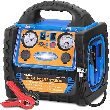 6-in-1 1800Amp Jump Starter with Air Compressor, 12V Car Battery Jumper 260PSI Tire Inflator, Portable Power Station 110V 400W Power Inverter USB DC AC Outlet, Auto Battery Booster Cables