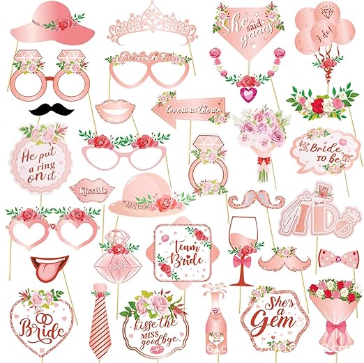 33PCS Bridal Shower Photo Booth Props,Pink Bachelorette Photo Props for Bachelorette Party Decorations