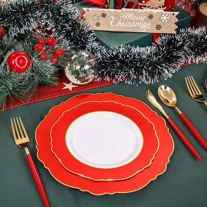 WDF 60pcs Plastic Red Plates Disposable - 7.5inch Red Dessert/Salad Plates Heavy Duty Plates for Christmas Party