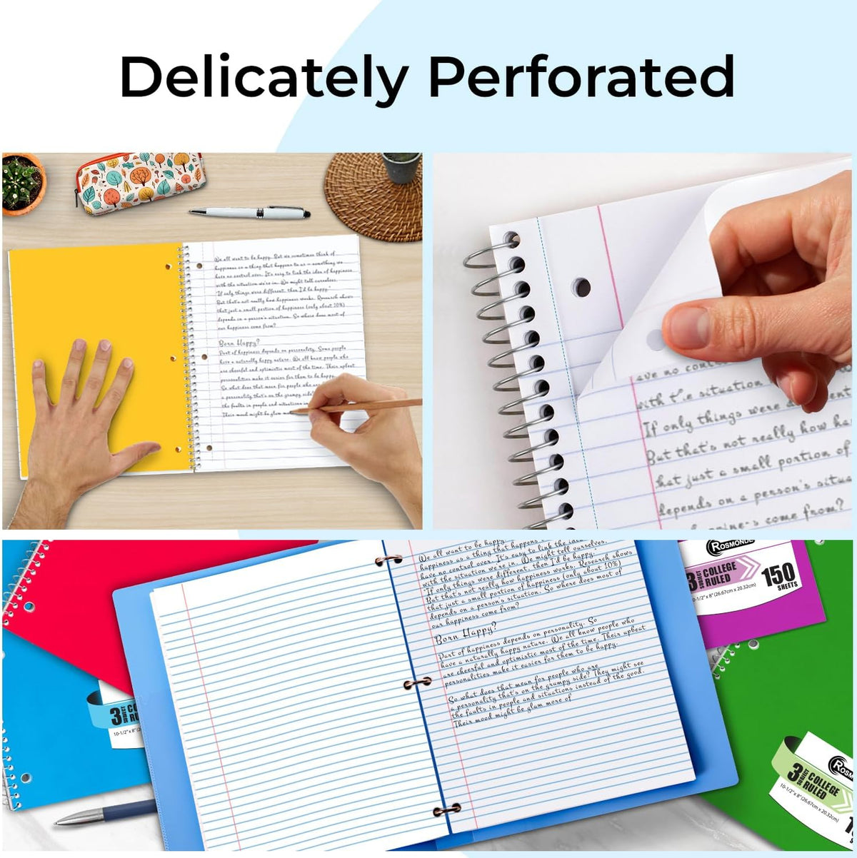 1 Subject Notebook College Ruled, 6 Pack, 70 Sheets (140 Pages), 8 x 10-1/2", 3 Hole Punched Notebooks, Thick No-Bleed Paper, Sturdy Back, College Ruled Notebook for School, Assorted Colors (Color variation may be different from picture)
