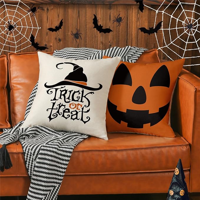 Halloween Pillow Covers 18x18 Set of 4 Spider Web Happy Halloween Decorations Jack-O-Lantern Pumpkin Throw Pillow Covers Witch Hat Trick or Treat Cushion Case for Sofa Couch