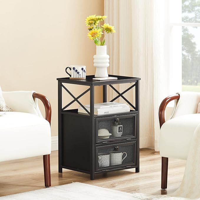 VECELO Modern Night Stand, End Side Table with Storage Space and Door, Nightstands with Flip Drawers for Living Room,Bedroom,Lounge