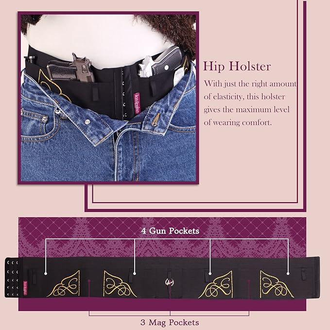 Belly Band Gun Holster for Concealed Carry, Elastic Breathable Waist Holster for Pistols -Fit for Glock 19, PT-22, 22 Caliber, 380 &Similar Guns, Comfortable Women's Edition
