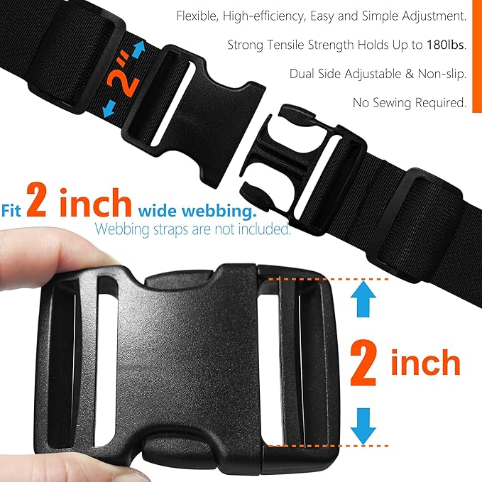 Buckles for 2 inch Wide Webbing Straps: Quick Side Release Buckle Clip 2 set and Tri-Glide Slide 4 pcs Fit 2" Nylon Web Belt, Plastic Snap Fastener Clip Heavy Duty Replacement Dual Adjustable