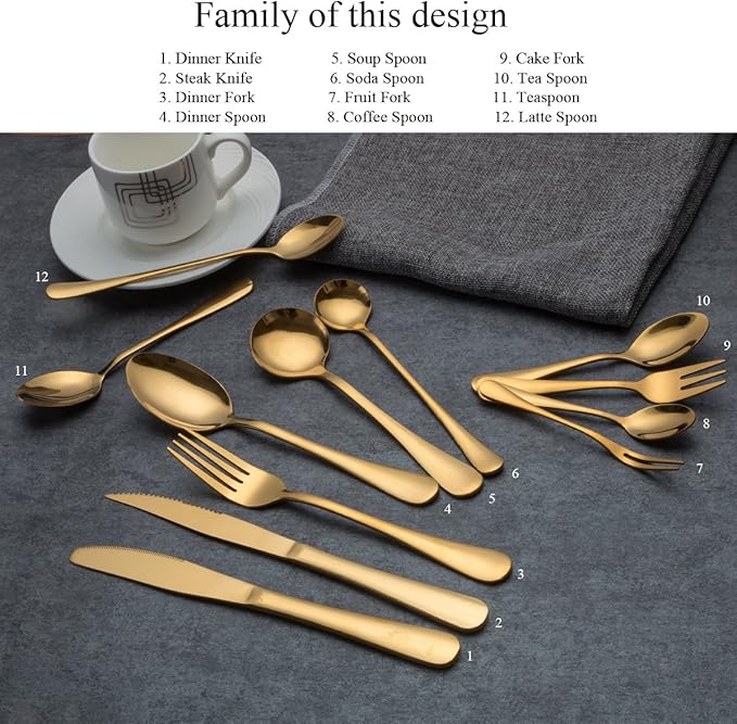 Berglander Stainless Steel Titanium Gold Plated Long Handle Mixing and Stirring Spoons - Pack of 6