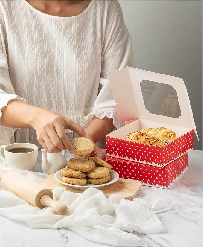 20 Pack Bakery Boxes with Window Small 6x6x2 inch for Cookie, Candy, Pastry, Brownie, Chiffon Cake, Tart, Pie, Waffle (Red-Polka Dot)