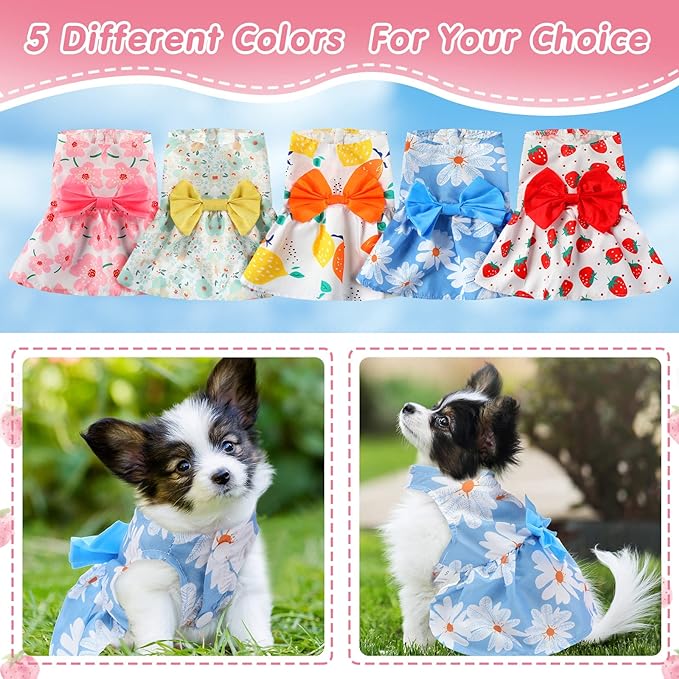 5 Pieces Dog Clothes Girl Dog Dresses Floral Puppy Dresses Pet Cat Princess Bowknot Clothes Cute Puppy Summer Outfits for Yorkie Female Cat Pets, 5 Styles(Cute Style,X-Small)