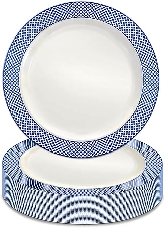 Blue Plastic Plates,7.5 Inch Blue Dessert Plates,White with Blue Rim Premium Plastic Appetizer PlatesSmall Cake Plates for Weddings Easter Graduations Party