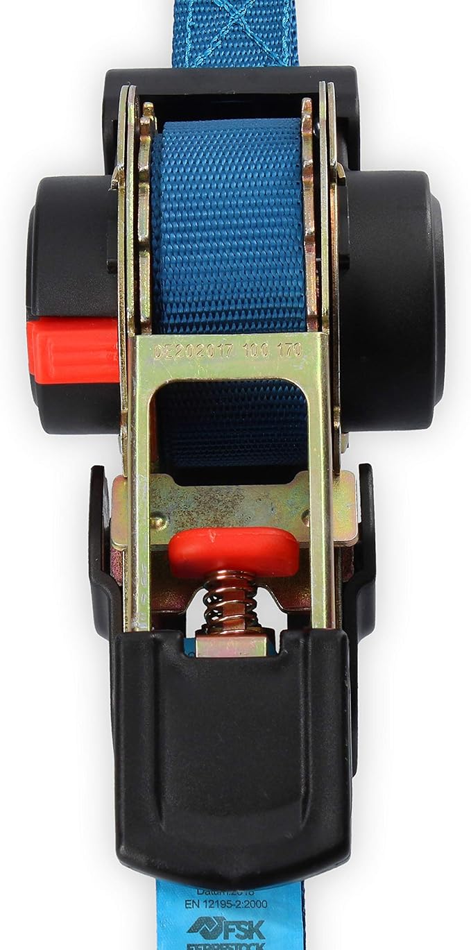 FSKCOS002 Tie Down Strap with Ratchet, Reinforced Steel Hooks and Automatic Pick Up System, Blue