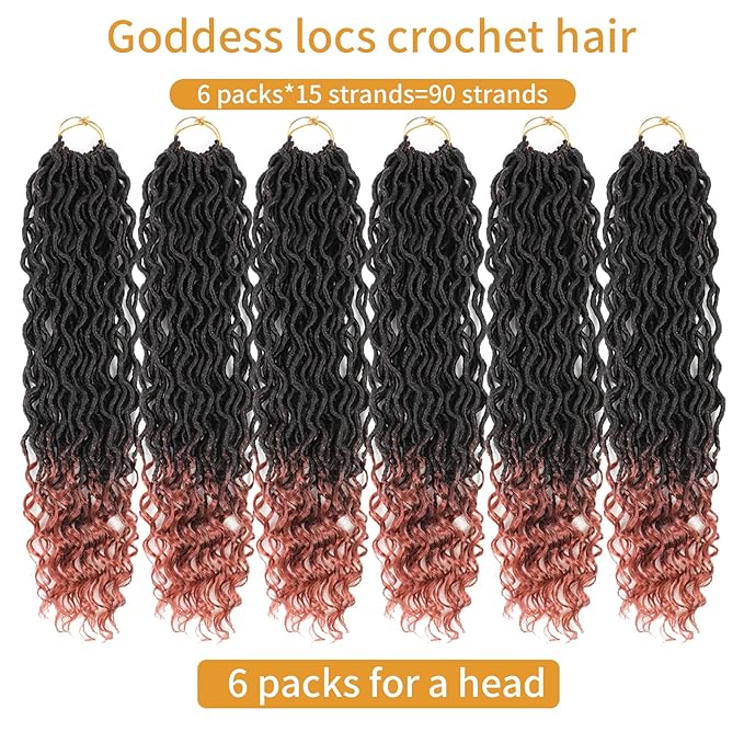 Goddess Locs Crochet Hair 18 Inch 6 Packs Faux Locs Crochet Hair For Black Women Ombre Faux Locs With Curly Ends Prelooped Crochet Hair Extensions(1B350, 18 Inch, 6 Packs)