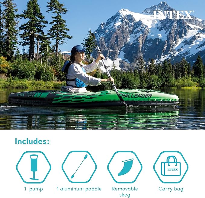 INTEX Challenger Series Inflatable Kayak: Includes 86-inch luxury kayak paddles and high-performance pump - Super strong PVC - Adjustable seat with backrest - Removable Skeg - Net of