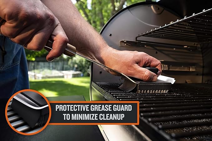 Traeger Grills BAC537 BBQ Cleaning Brush for Outdoor Grill Ai Stainless Steel Grill Scraper with Nylon Bristles, Teak Wood Handle, Dual Grip Design, and Hanging Loop