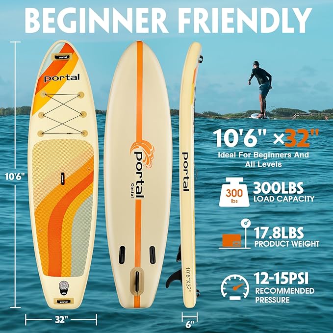 PORTAL SUP Inflatable Paddle Board for Adults 10'6'' Stand Up Paddleboard,Non-Slip Deck Blow up Paddle Boards with Adjustable Paddle.