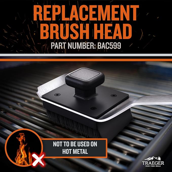 Traeger Grills BAC537 BBQ Cleaning Brush for Outdoor Grill Ai Stainless Steel Grill Scraper with Nylon Bristles, Teak Wood Handle, Dual Grip Design, and Hanging Loop