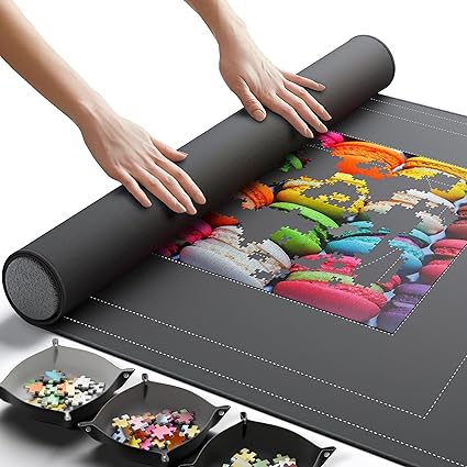 Newverest Jigsaw Puzzle Mat Roll Up, Saver Pad 55 x 35.5 Portable Keeper Up to 3000 Pieces with Non-Slip Rubber Bottom and Polyester Top 3 Puzzle Sorting Trays, Travel-Friendly Storage Bag
