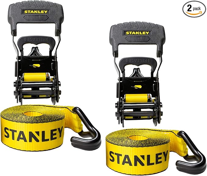 STANLEY S1007 Black/Yellow 1.5" x 16' Ratchet Tie Down Straps - 1,100 lb Safe Working Load / 3,300 lb Break Strength, 2 Pack