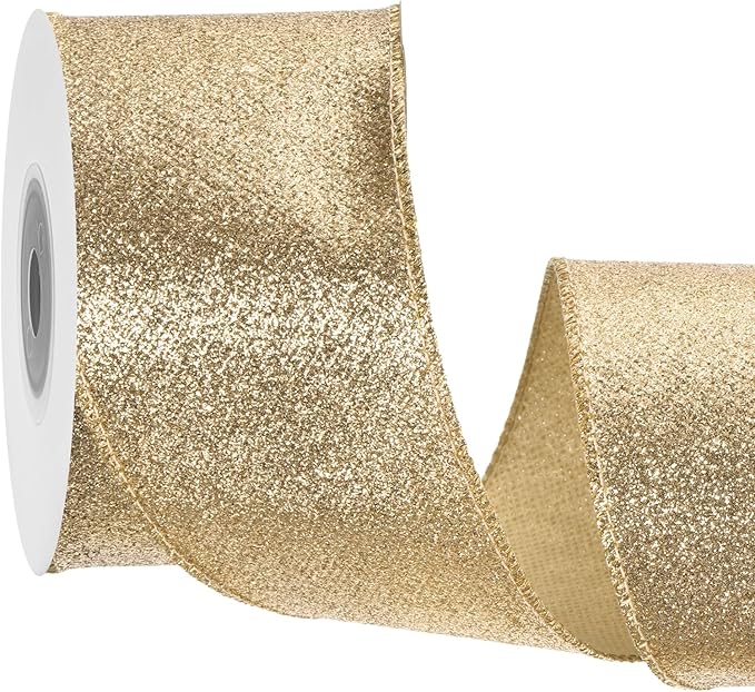 MECCANIXITY 2.5 Inch Glitter Wired Ribbon, Light Gold Sparkly Iridescent Ribbon 10 Yard for Christmas Tree Wreath Decoration Gift Wrapping, with Metallic Edge
