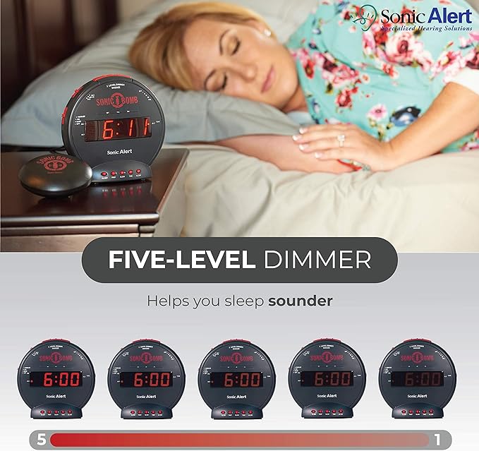 Sonic Bomb Dual Extra Loud Alarm Clock with Bed Shaker, Black Sonic Alert Vibrating, Heavy Sleepers, Battery Backup Wake with a Shake