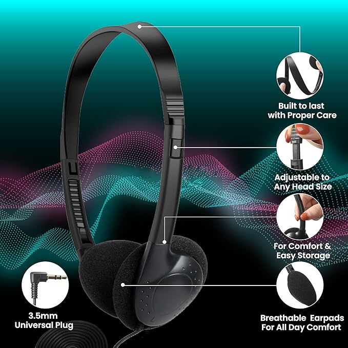 Wholesale On-Ear Headphones - Inexpensive Stereo Headphones for Students, Classroom, Library - (Foam Earpad 1 Pair)