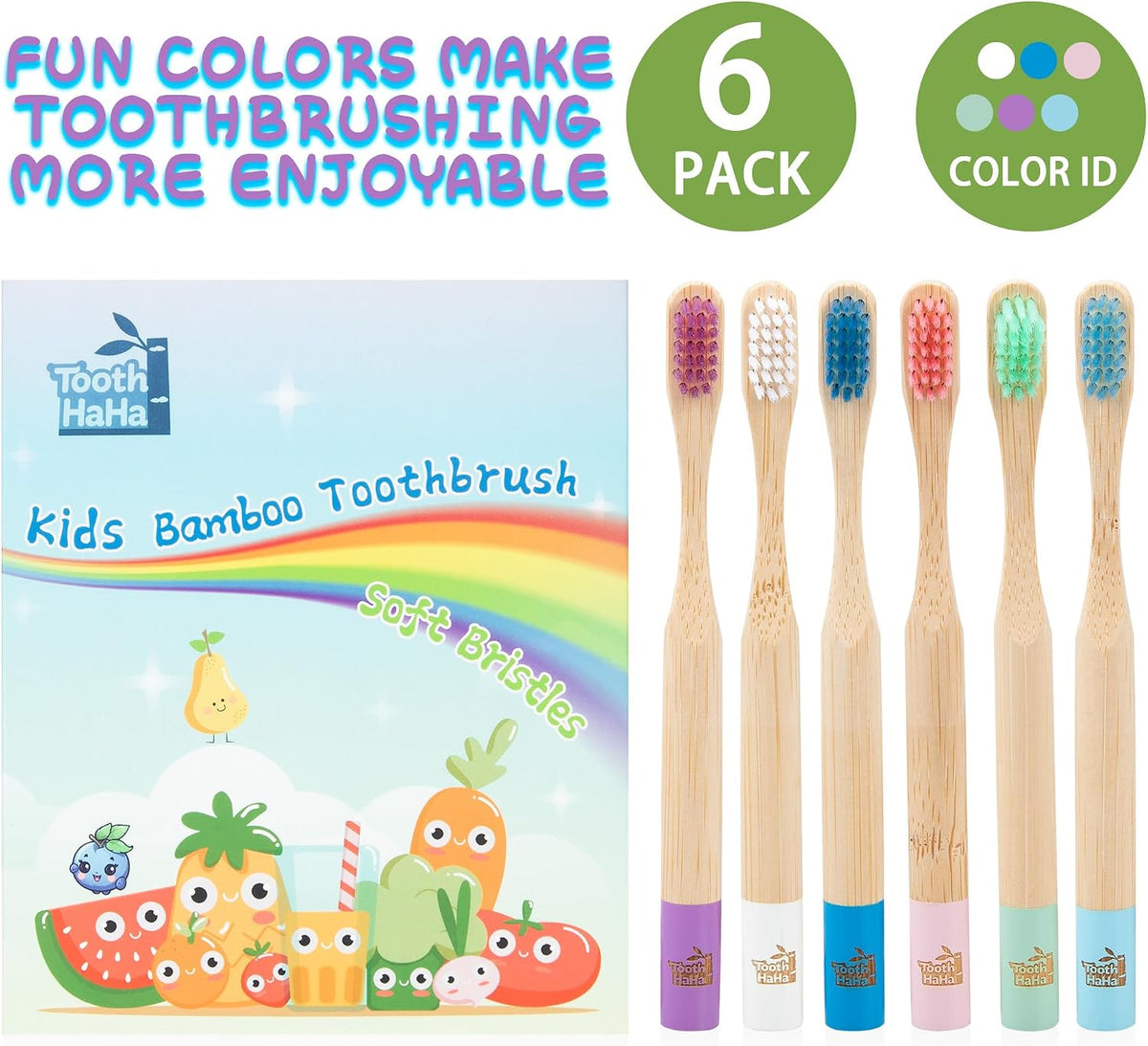 Kids Bamboo Toothbrushes, BPA-Free Soft Bristles, Eco-Friendly Natural Wooden Toddler Toothbrush, 6-Pack Travel Toothbrushes Set for Children( No organal box )