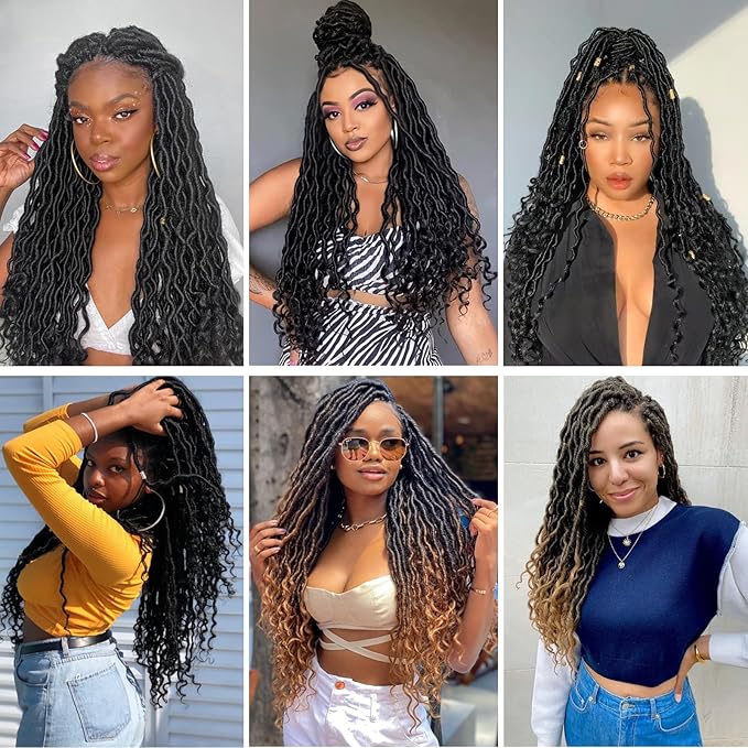 Goddess Locs Crochet Hair 18 Inch 6 Packs Faux Locs Crochet Hair For Black Women Ombre Faux Locs With Curly Ends Prelooped Crochet Hair Extensions(1B350, 18 Inch, 6 Packs)