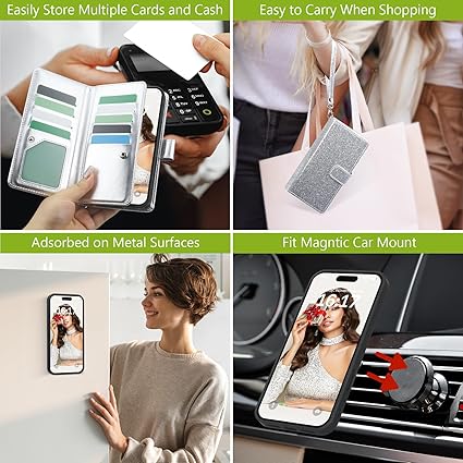 Varikke for iPhone 16 Pro Max Wallet Case Detachable with Card Holder for Women, Fashion Glitter PU Leather Strap Magnetic Flip Wallet Removable Phone Case Cover for iPhone 16 Pro Max 6.9", Silver