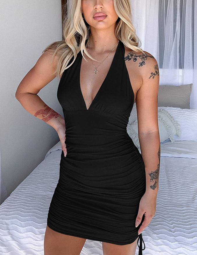HOCILLE Women's Sexy Halter Bodycon V Neck Backless Ruched Drawstring Mini Club Party Dresses