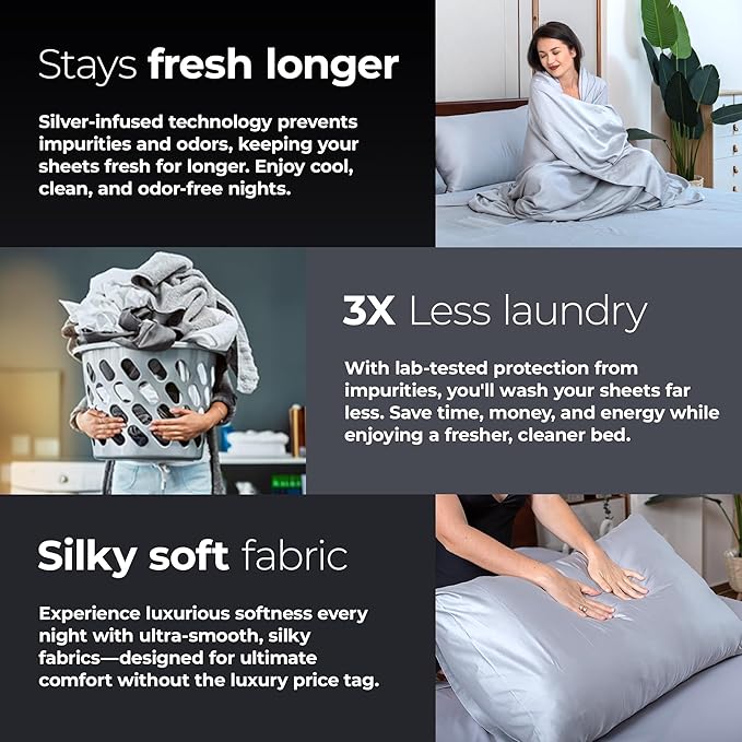 Silvery Silver Infused Bed Sheets Set - Award-Winning Self-Cooling Fabric with Self-Cleaning Silvery Technology™ for Hygienic Sleep - Luxurious Silky Soft Comfort (Gray, King)