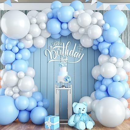 Blue and White Balloon Arch Kit, 100pcs Light Blue White Balloon Garland Kit with Different Sizes Balloons, Baby Blue Pastel Blue White Balloons for Baby Shower Wedding Birthday Party Decorations
