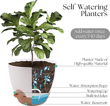 Plant Pots 12109 inch Set of 3, Self Watering Flower Pots Indoor Outdoor, Planters with Drainage Hole Saucer Reservoir, White