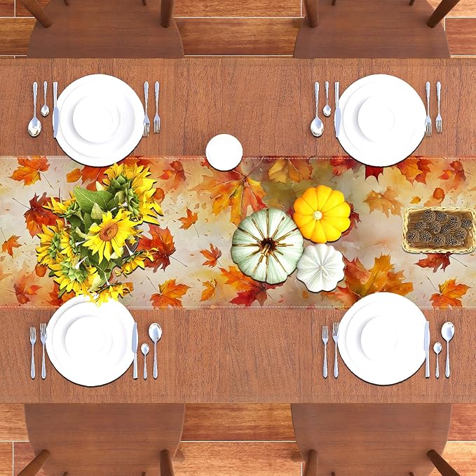 Maple Leaves Fall Table Runner,Autumn Thanksgiving Harvest Festival Farmhouse Decorations and Supplies for Home Kitchen Dining Room Table-13×72''