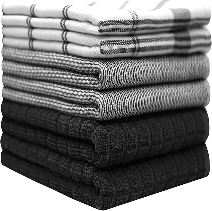 Premium Kitchen Towels (20x 28, 6 Pack) Large Cotton Hand Towels Flat Terry Dish Towels Highly Absorbent Tea Towels Set with Hanging Loop Black Check