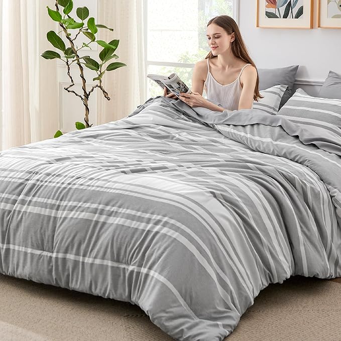 Bedsure Queen Comforter Set 7 Pieces, Grey Striped Bedding Set for Queen Size Bed Reversible, Cationic Dyeing Bed in a Bag with Comforter, Sheets, Pillowcases Shams