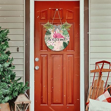 xigua Tropical Pink Flamingo Welcome Sign Front Door Decor, Outdoor Hanging Porch Wreath Interchangeable Seasonal Icons for Farmhouse Wall Home Holida