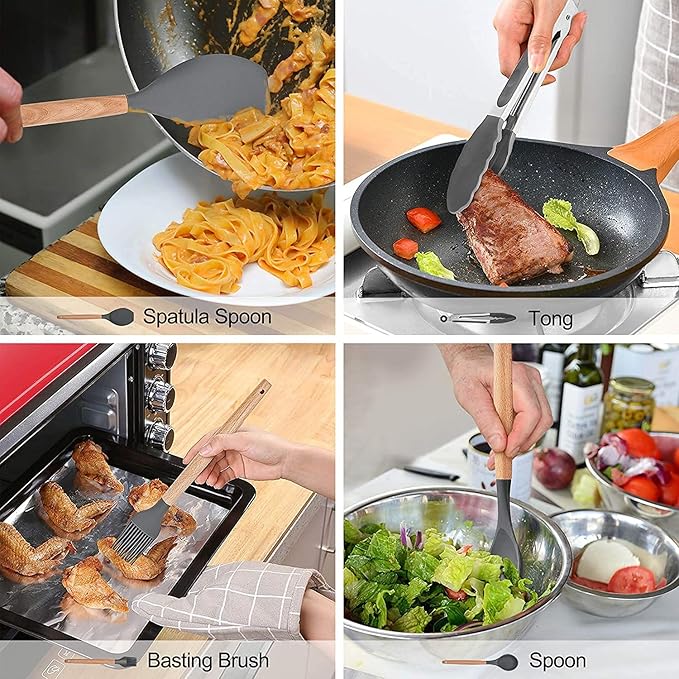 Utoolmart Silicone Spatula, Silicone Spatula Cooking Utensils for Non-Stick Pans, High Heat-Resistant Spatula with Wooden Handle, for Cooking, Baking, Stir-Fry, Black, 1 Pcs