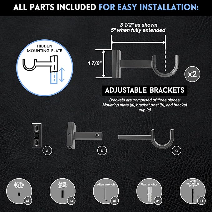 BlastHome Luxury Adjustable Curtain Rod Brackets Premium Quality Heavy Metal Replacement Accessory Signature Collection, Set of Two Fits Up to 1 14" Diameter Curtain Rods Matte Graphite