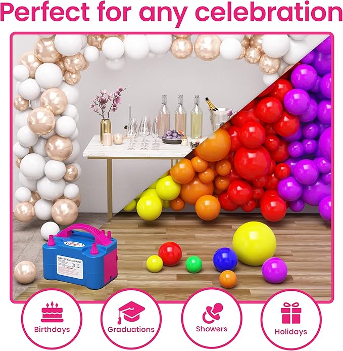 Prextex Balloons Electric Pump Inflate, Blue 110V 600W - Portable Pump with Air Blower Dual Nozzle Inflator for Fast, Easy Bulk Balloons Filling for Event Party Decoration - Balloon Pumps Electric