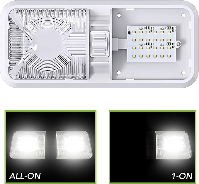 Leisure LED RV LED Ceiling Double Dome Light Fixture with ONOFF Switch Interior Lighting for CarRVTrailerCamperBoat DC 12V Natural White 4000-4500K 48X2835SMD Natural White 4000-4500K, (1 Pack)