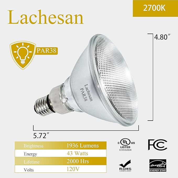 PAR38 Halogen Flood Light Bulbs 2 Pcs, 90W Equivalent, 120V, E26 Base, 2700K Warm White Light for Indoor and Outdoor