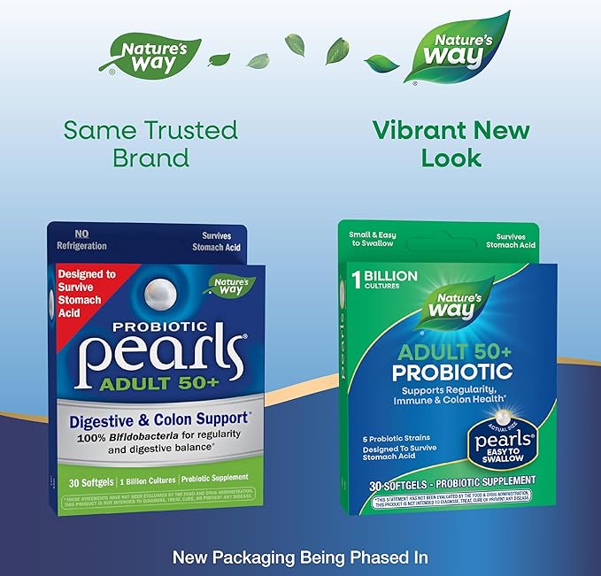 Nature's Way Adults 50 Probiotic Pearls, Supports Regularity, Immune and Colon Health, 1 Billion Cultures, No Refrigeration Required, 30 Softgels (Packaging May Vary)