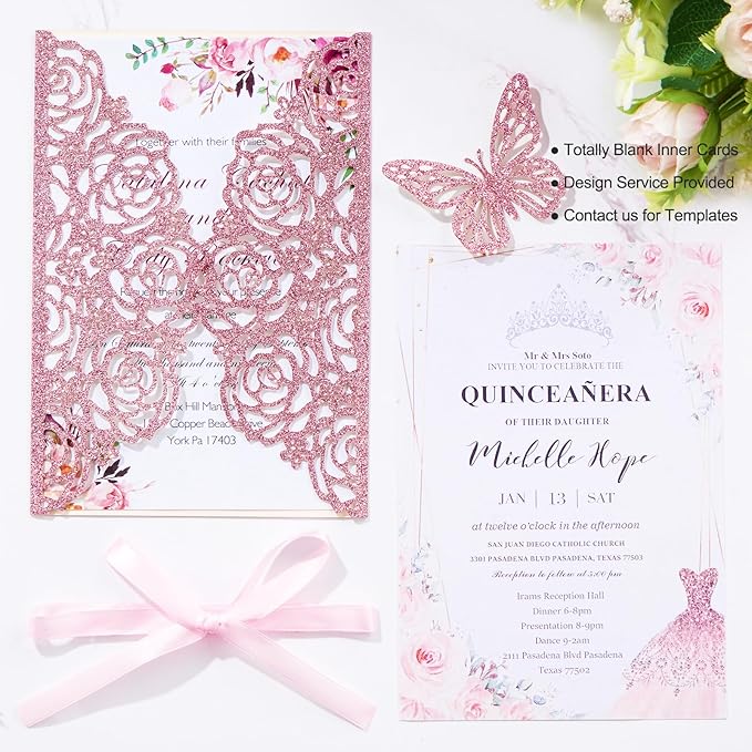 50PCS Pink Wedding Invitations Laser Cut Invitation with Envelopes and Rsvp Card Personalized Inner Sheets for Wedding Bridal Baby Shower QuinceañEra Engagement Birthday