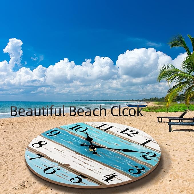 CHYLIN 16 Inch Wall Clock, Large Outdoor Clocks for Patio, Pool Beach House Decor Tropical Clocks for Walls, Nautical Coastal Themed Blue Clock for Lake House, Bathroom, Living Room, Kitchen (16")