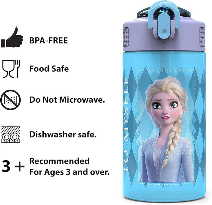 Zak Designs Disney Frozen 1 Pc Water Bottle with Reusable Straw and Built in Carrying Loops, Made of Plastic, Leak-Proof Designs 16 oz, BPA-Free (Frozen)