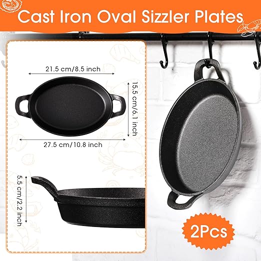 Mifoci 2 Pcs Oval Serving Dish Mini Cast Iron Skillet Cast Iron Baking Pan Sizzling Plate Matte Black Gratin Cookware for Home Restaurant Kitchen Food Service Barbecue (10.8 x 6.1 Inch)