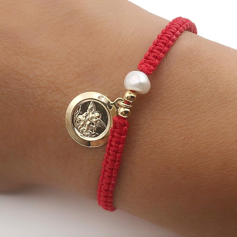 Handwoven Red Thread with Saint Michael Archangel Medal and Cultured Fresh Water Pearl - Catholic Protection Bracelet Adjustable Size for Women
