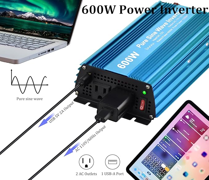 DC 12V to AC120V Pure Sine Wave Power Inverter 600W with Dual sockets Output and DC 5V 2Amp USB Output. Ideal for Most Small Power appliances. (600W) Blue