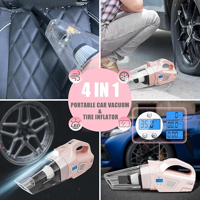 VARSK 4-in-1 Car Vacuum Cleaner High Power, Presents for Her Women Girls Mom, Pink Handheld Car Vacuum Portable Tire Inflator with Digital Tire Pressure Gauge LCD Display and Light, 12V DC, 15FT Cord